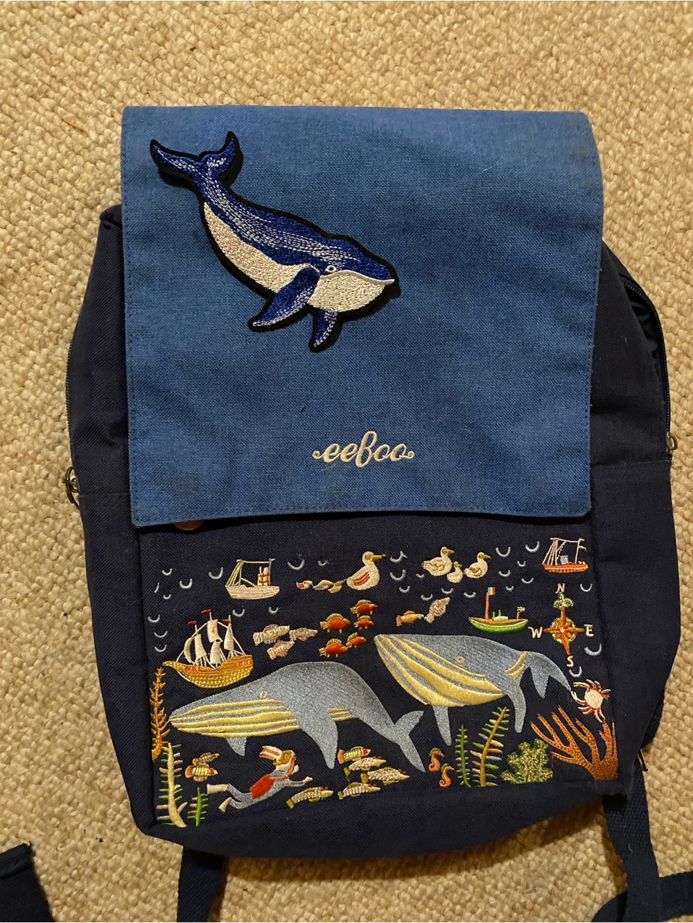 EeBoo Whale Embroidered Navy Backpack